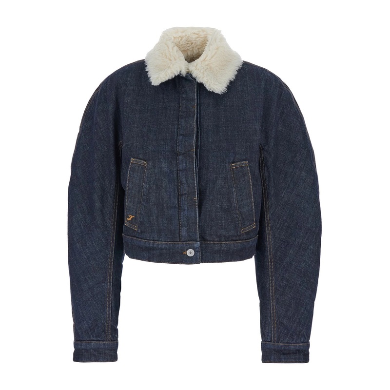 ‘Le Bomber De-Nimes Ovalo’ Blue Jacket with Fur Collar and Two Front Welt Pockets in Denim Woman