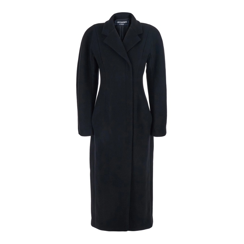 ‘Le Manteau Curvo’ Black Double-Breasted Coat with Notched Revers and Rear Single Vent  in Wool Woman
