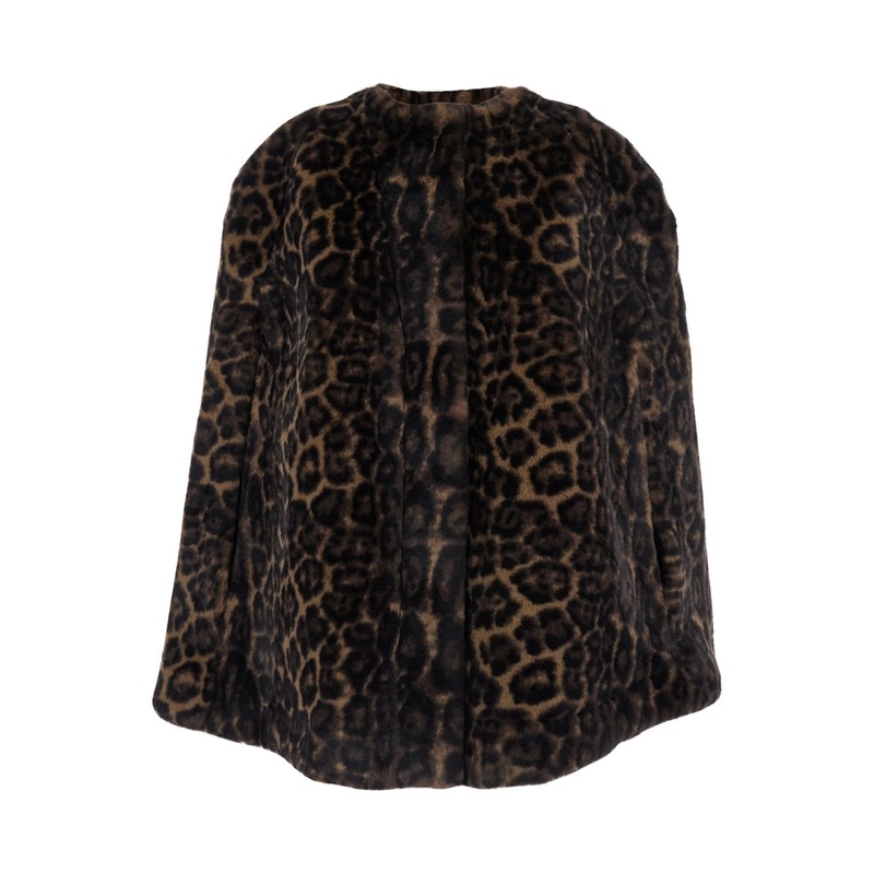 ‘Sloane’ Brown Crewneck Fur Jacket with All-Over Leopard Motif in Ecofur Woman