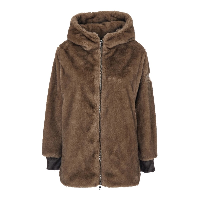 ‘Arabis’ Brown Jacket with Fixed Hood and Logo Patch on the Sleeve in Faux Fur Woman