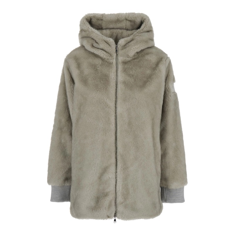 ‘Arabis’ Grey Jacket with Fixed Hood and Logo Patch on the Sleeve in Faux Fur Woman