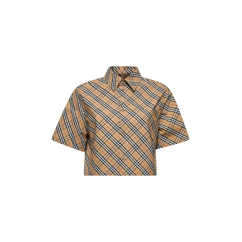 Beige Check cotton cropped shirt<BR/>