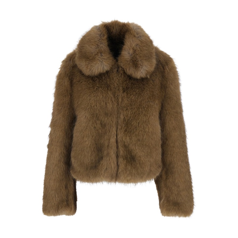 Beige Fur Jacket with Spread Collar and Front Concealed Closure in Ecofur Woman