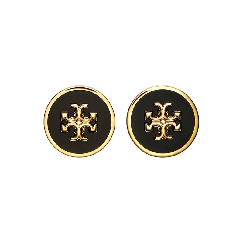 Black Earings with Circular Shape and Double T Motif in Brass Blend Woman