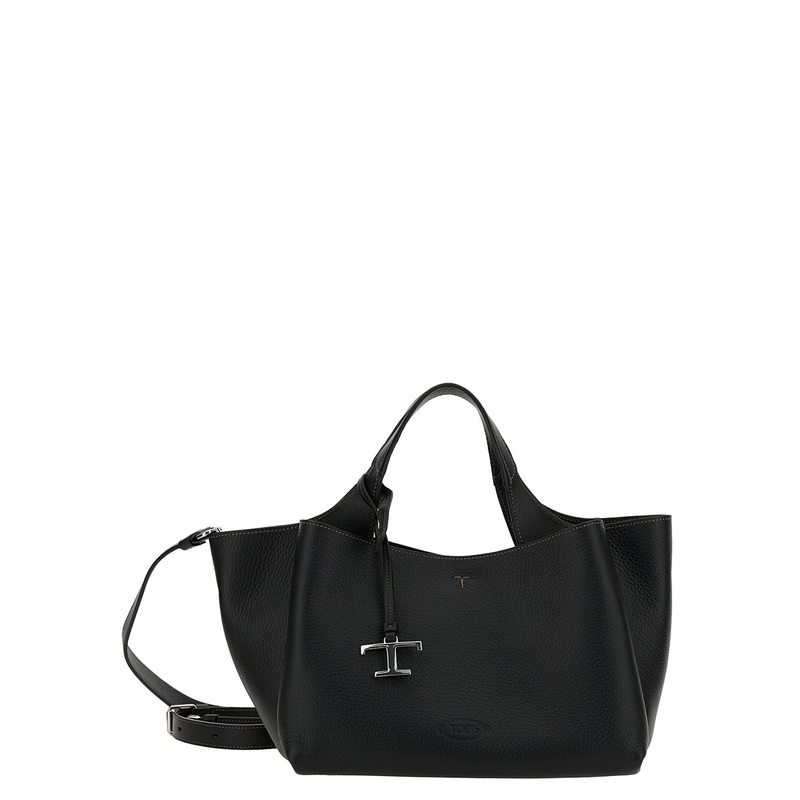 Black Handbag with Embossed Logo and T Timeless Charm in Grainy Leather Woman