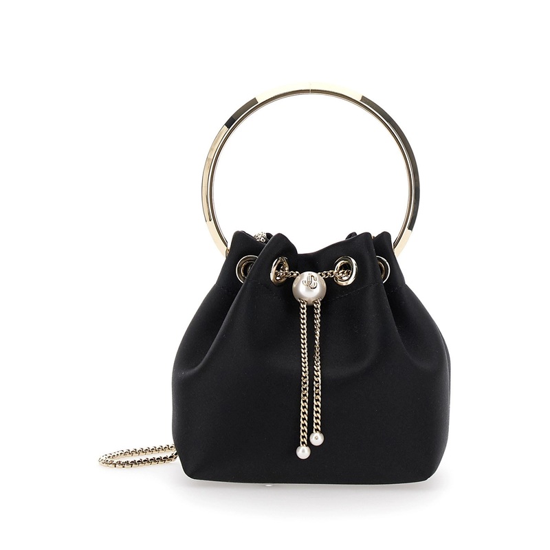 ‘Bon Bon’ Black Handbag with Metal Bracelet Handle and Chain-Link Shoulder Strap in Leather Woman