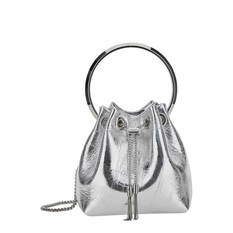 ‘Bon Bon’ Metallic Handbag with Metal Bracelet Handle and Chain-Link Shoulder Strap in Leather Woman