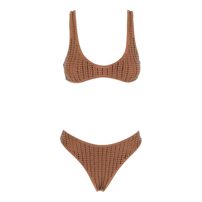 Brown Bikini with Stud Embellishments in Tech Fabric Stretch Woman