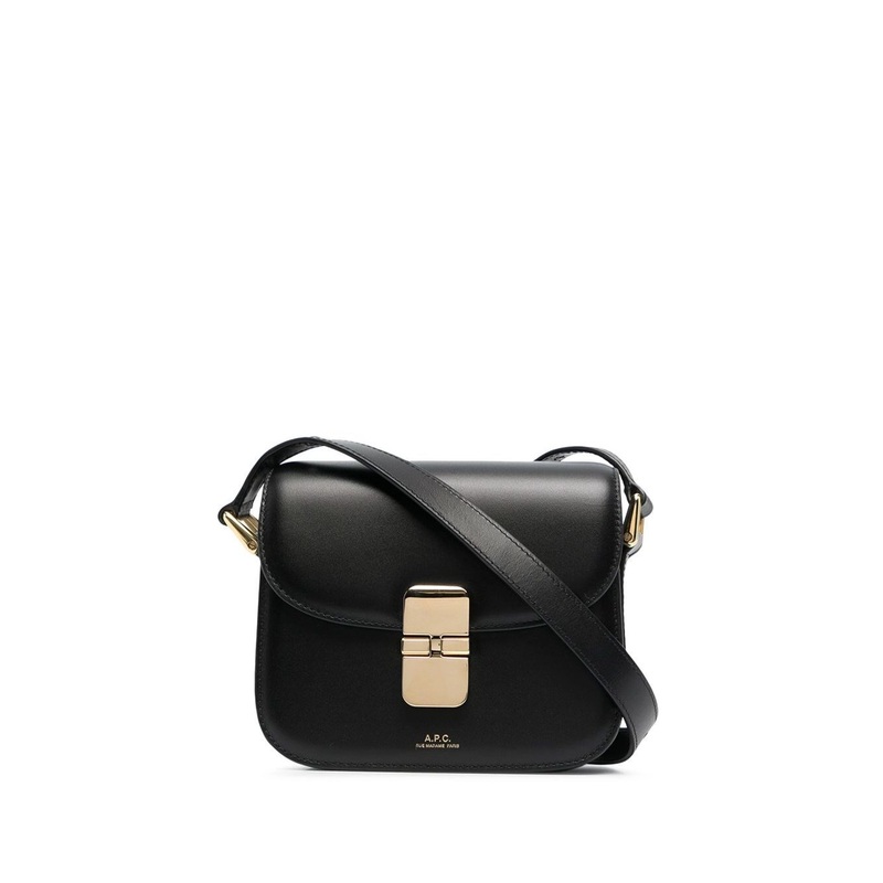 ‘Grace’ Black Mini Crossbody Bag with Adjustable Shoulder Strap and Embossed Logo Lettering on the Front in Leather Woman