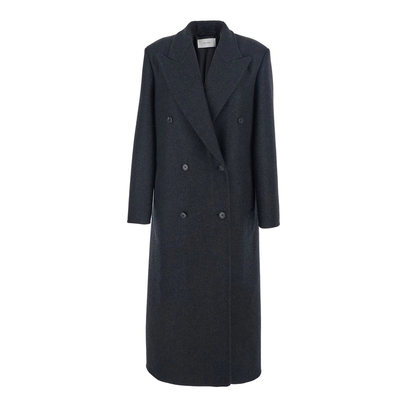 ‘Hariet’ Grey Double-Breasted Coat with Peak Revers in Wool and Cashmere Woman