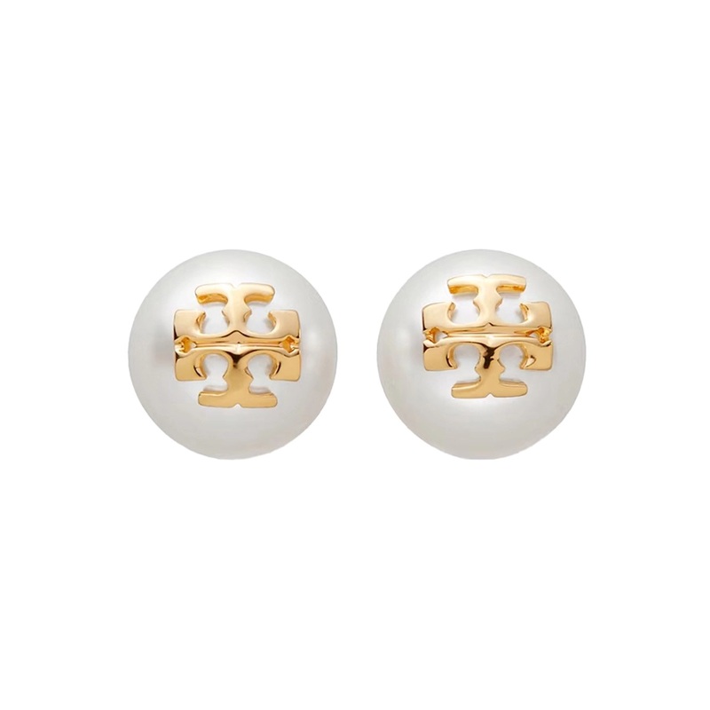 ‘Kira’ Metallic Stud Earings with Peal and Double T Motif in Brass Woman