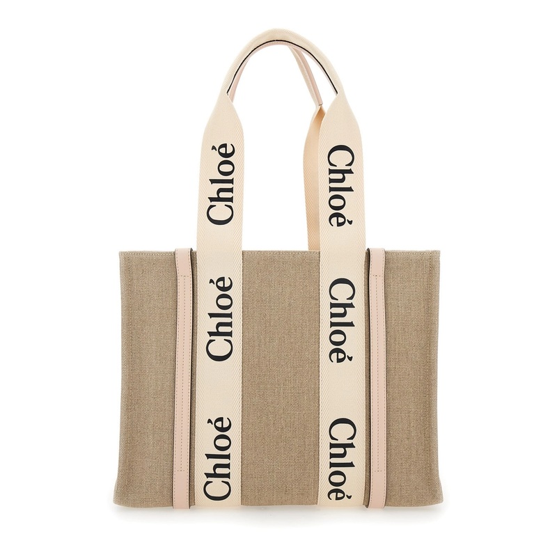 ‘Medium Woody’ Beige Handbag with Logo in Canvas Woman