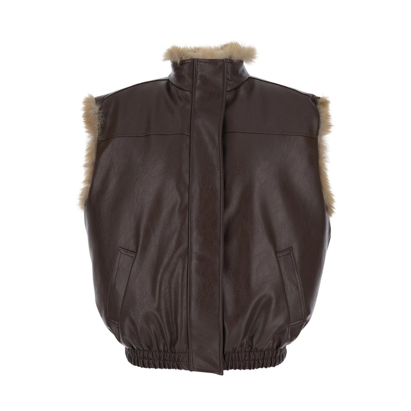 Reversible Sleeveless Jacket with Logo Patch on the Rear in Ecofur and Ecoleather Woman
