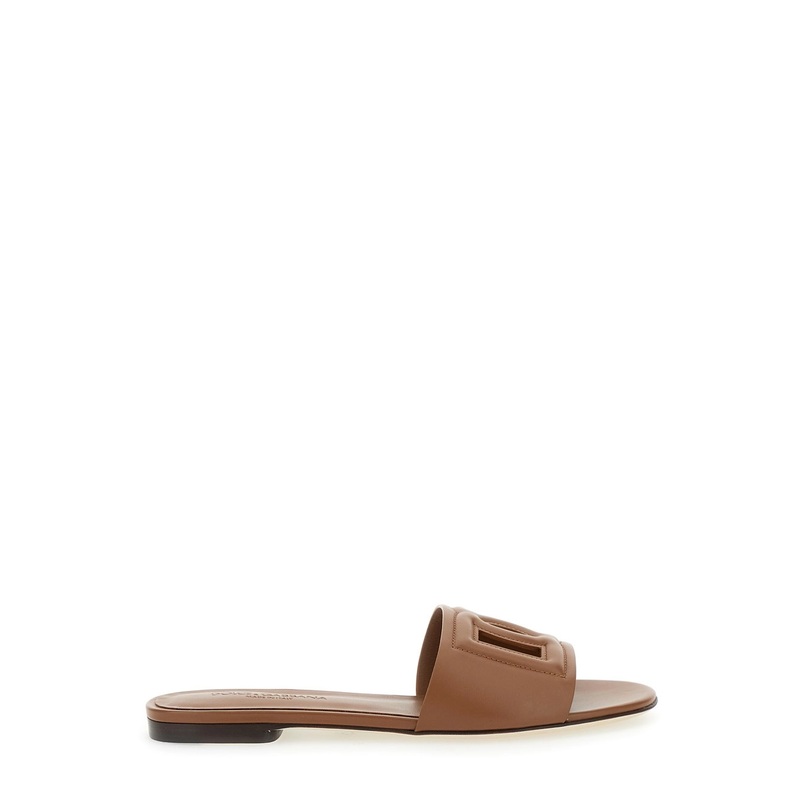 Slide Sandals with Cut Out Logo in Leather Woman