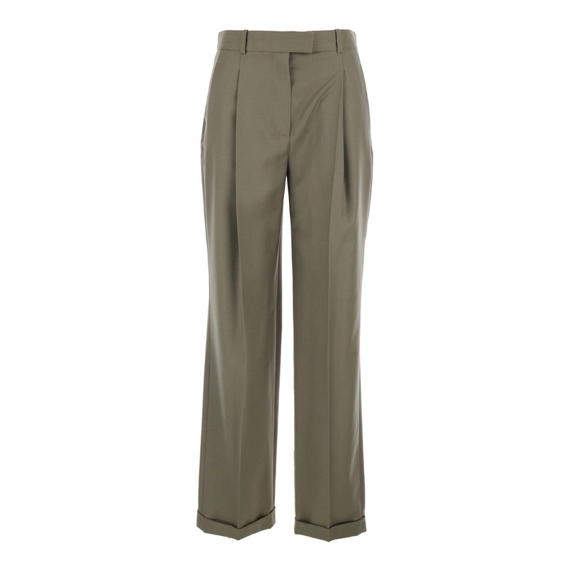 ‘Sorina’ Green Pants with Turn-Up Hem and Belt Loops in Wool Woman