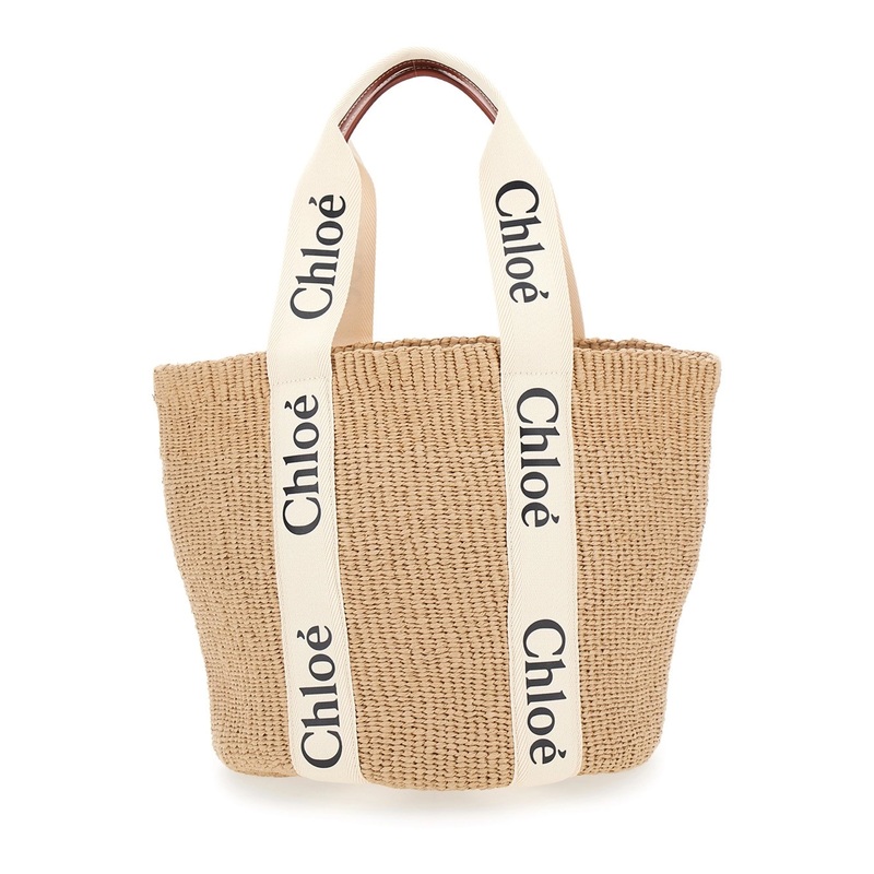 ‘Woody’ Beige Shoper with with Logoed Shoulder Strap in in Woven Natural Fibers Woman