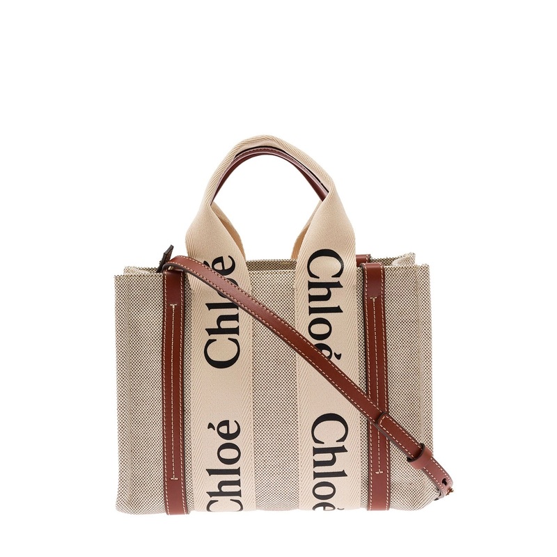 ‘Woody’ Brown Tote Bag with Branded Ribbons in Canvas and Leather Woman