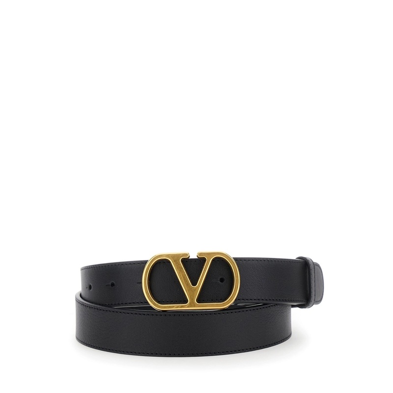Black Belt with VLogo Buckle in Grained Leather Woman