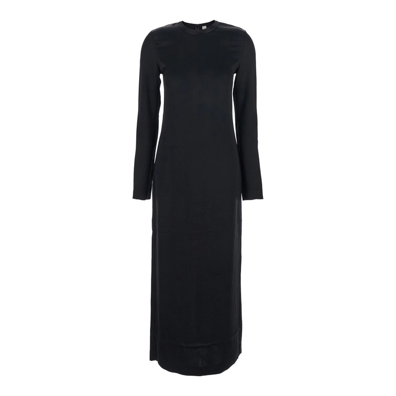 Black Crewneck Long Dress with Rear Single Slit in Viscose Woman