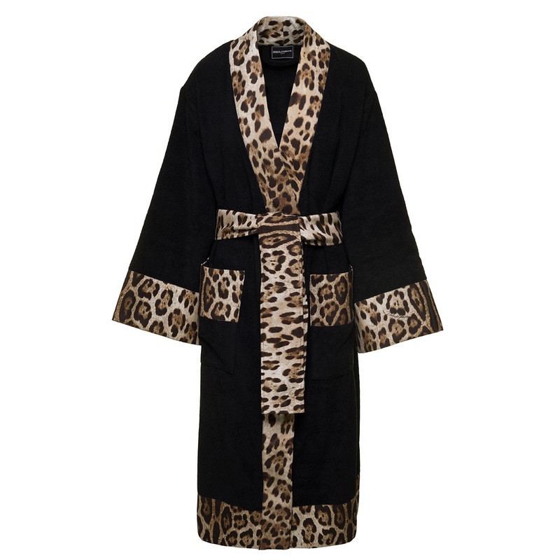 Black Kimono Bathrobe with Leopard Trim in Cotton Dolce & Gabbana