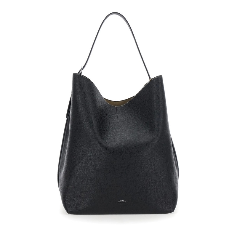 Black Shoulder Bag with Front Logo Print and Contrasting Belt in Grained Leather Woman