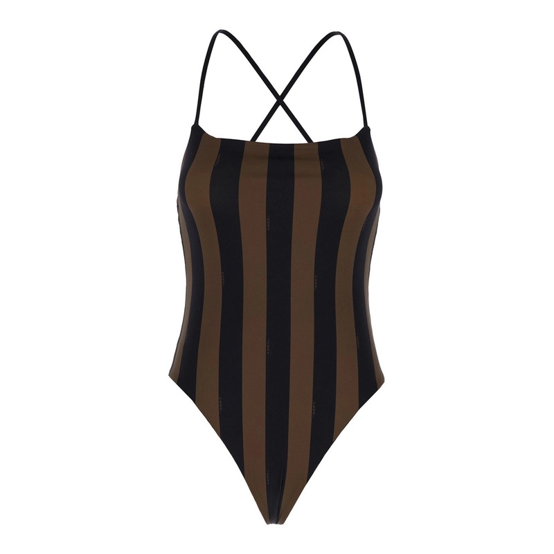 Brown One-Piece Swimsuit with FF and Stripe Motif in Stretch Fabric Woman
