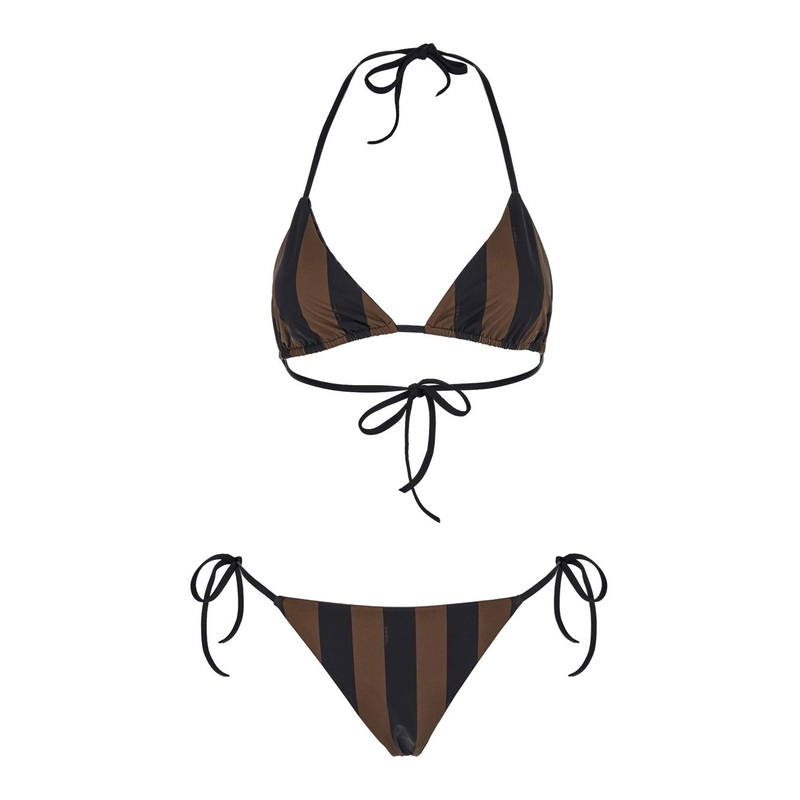 Brown Reversible Bikini with Adjustable Tie Closure and All-Over Stripe Motif in Tech Fabric Stretch Woman