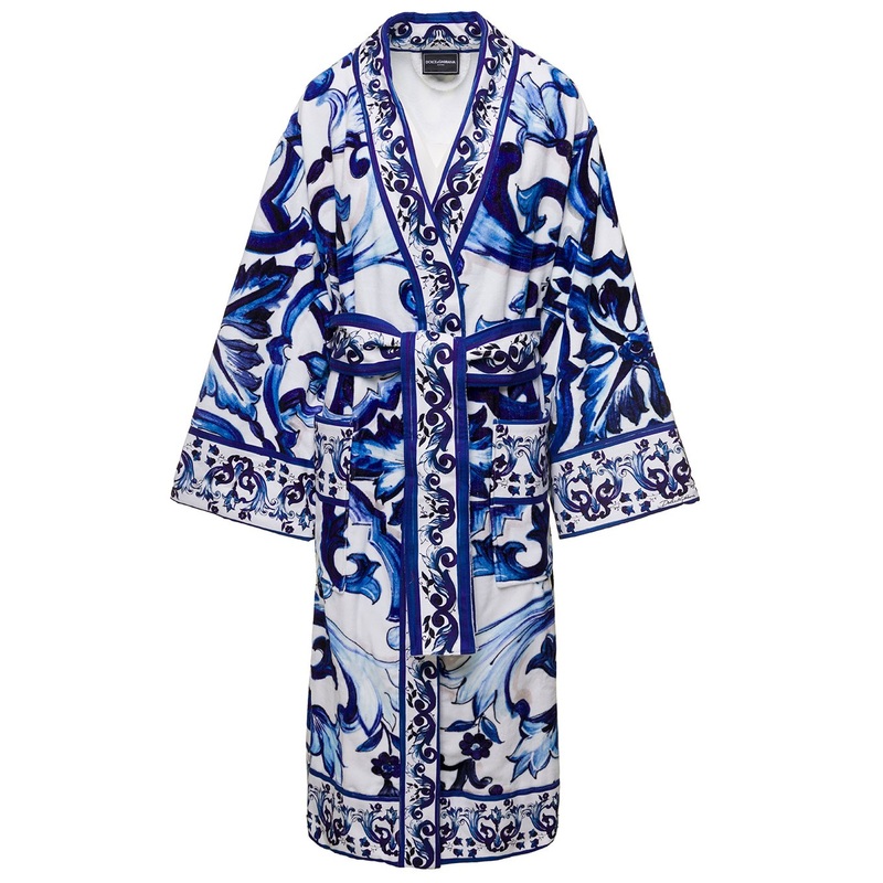 Multicolor Kimono Bathrobe with All-Over Blu Mediterraneo Print in Cotton Dolce & Gabbana