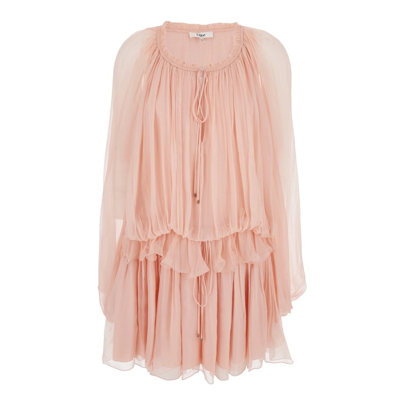 Pink Mini Dress with Drawstring on the Front and Cape Design in SIlk Woman