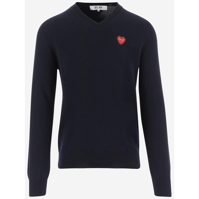 Wool V-Neck Sweater with Logo|Navy|M|XL