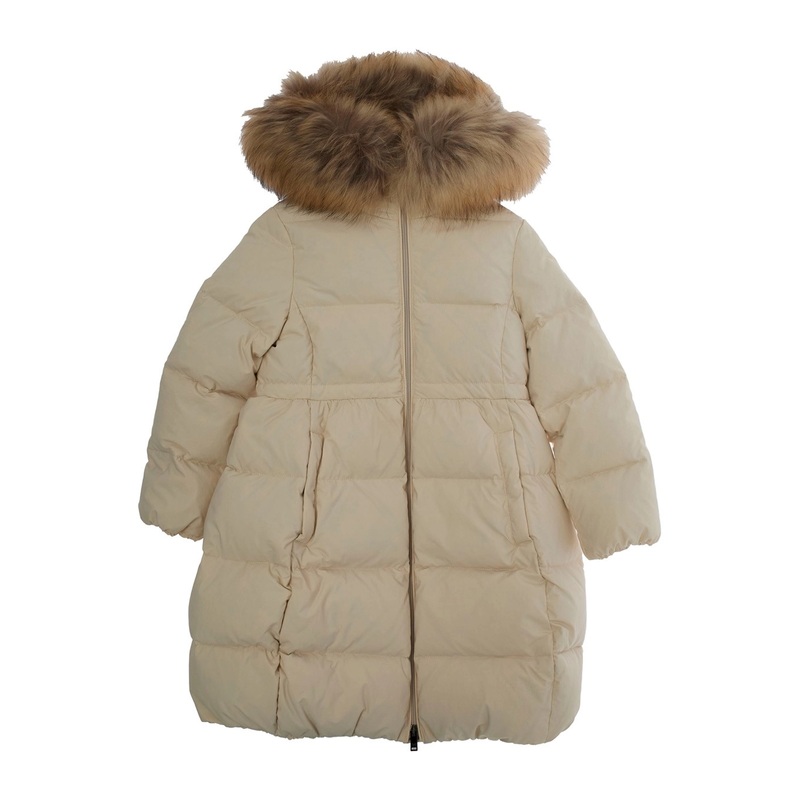 Beige Down Jacket with Fixed Hood and Logo Lettering Embroidery on the Sleeve in Tech Fabric Girl