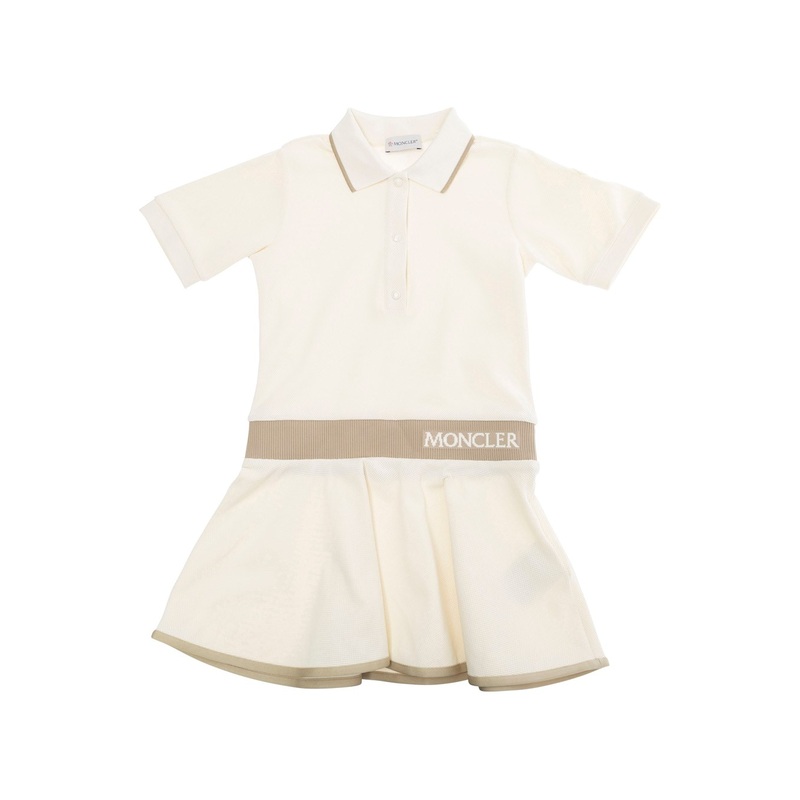 Beige Dress with Classic Collar and Logo Lettering on the Front in Cotton Blend Girl