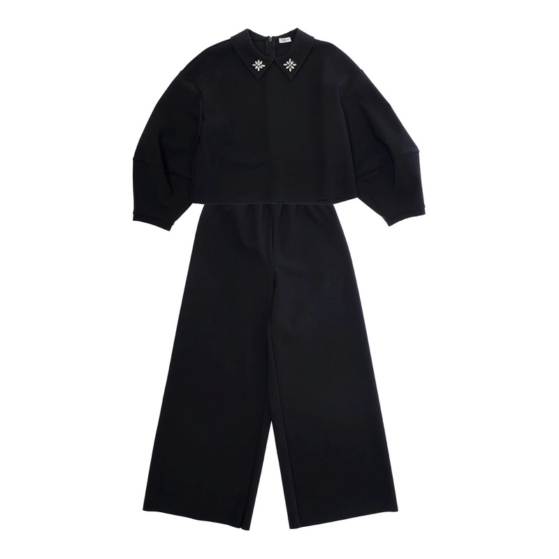 Black Suit with Beaded Collar in Tech Fabric Stretch Girl