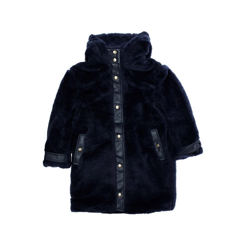 Blue Coat with Fixed Hood and Front Button Closure in Ecofur Girl