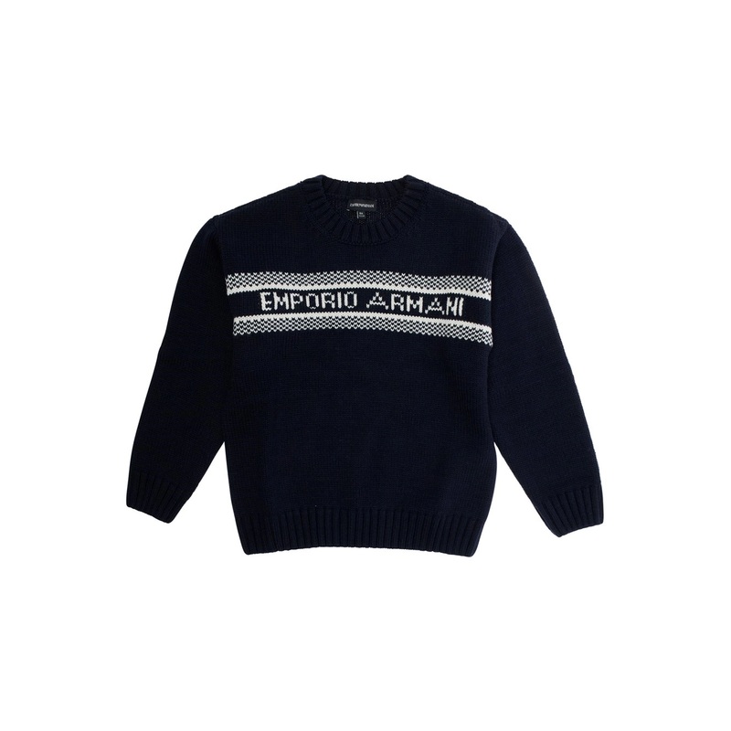 Blue Crewneck Sweater with Maxi Logo Lettering on the Front and Ribbed Trims in Wool Blend Boy