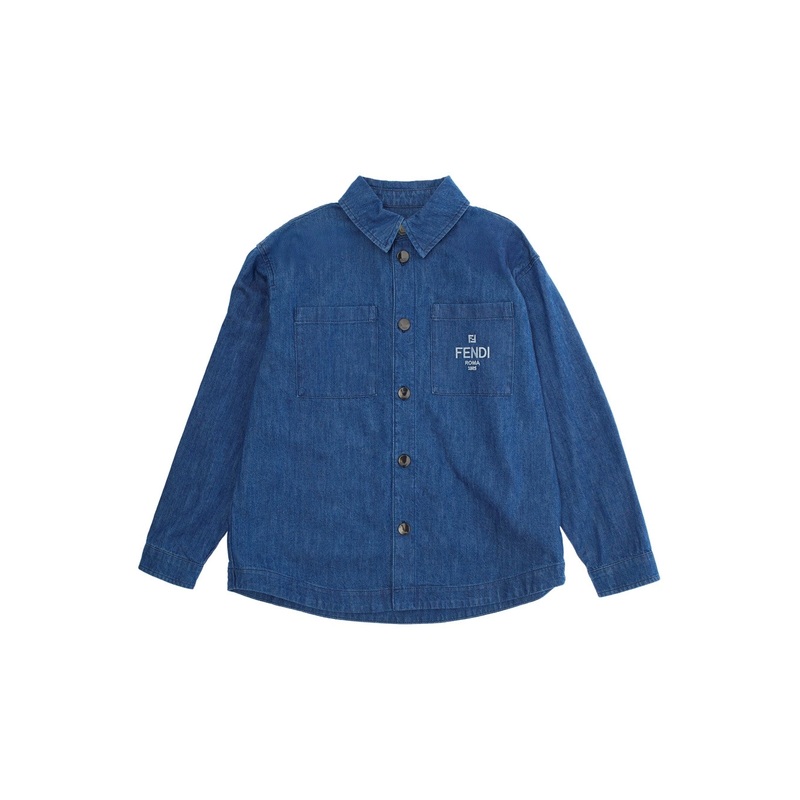 Blue Jacket with Classic Collar and Logo Lettering Embroidery on the Front in Denim Boy