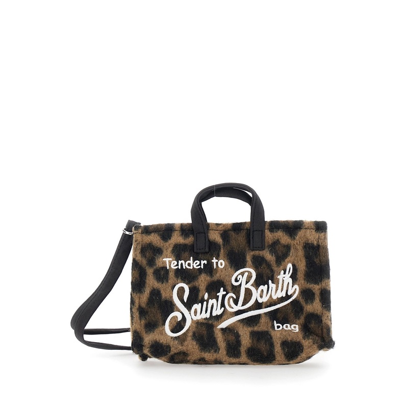 Brown Handbag with Logo Lettering on the Front and Leopard Motif in Faux Fur Girl