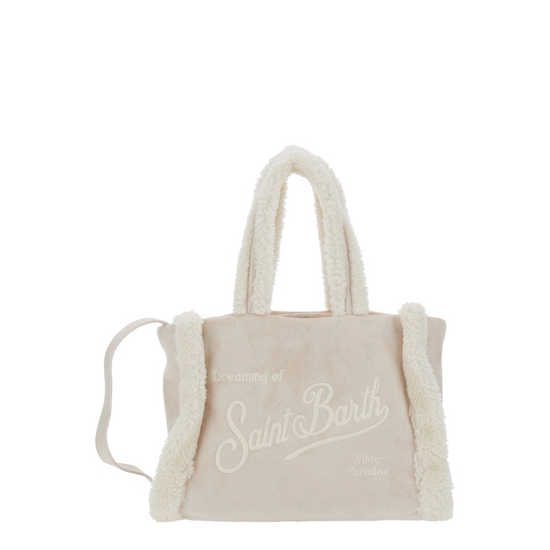 ‘Colette’ Beige Handbag with Logo Lettering on Front and Rear and Fringed Details in Wool Blend Girl