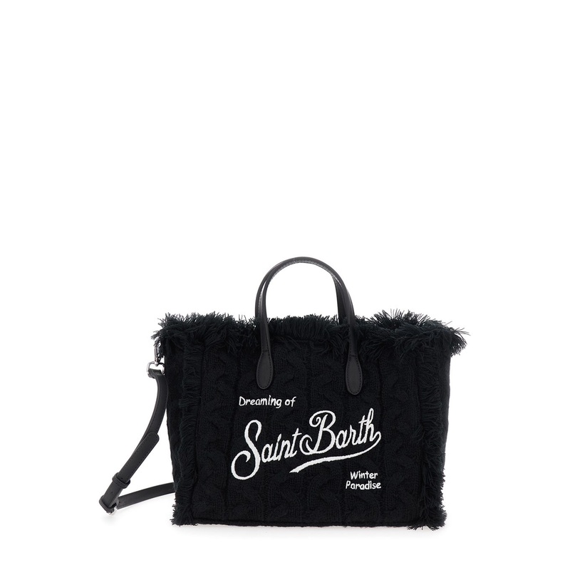 ‘Colette’ Black Handbag with Logo Lettering on Front and Rear and Fringed Details in Wool Girl
