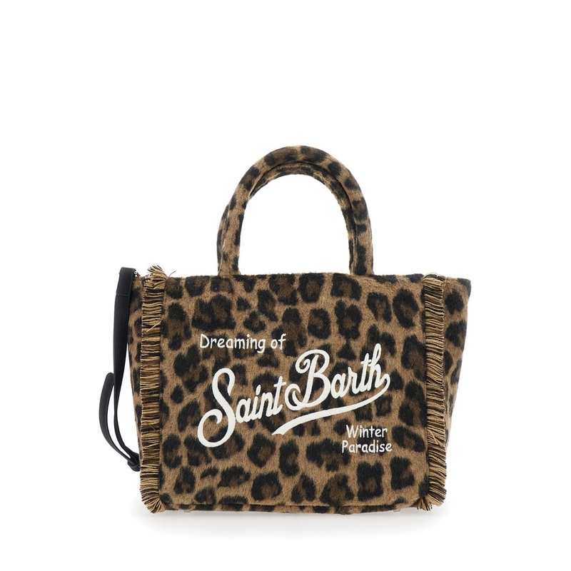 ‘Colette’ Brown Handbag with Logo Lettering on Front and Back and Leopard Print in Fabric Girl