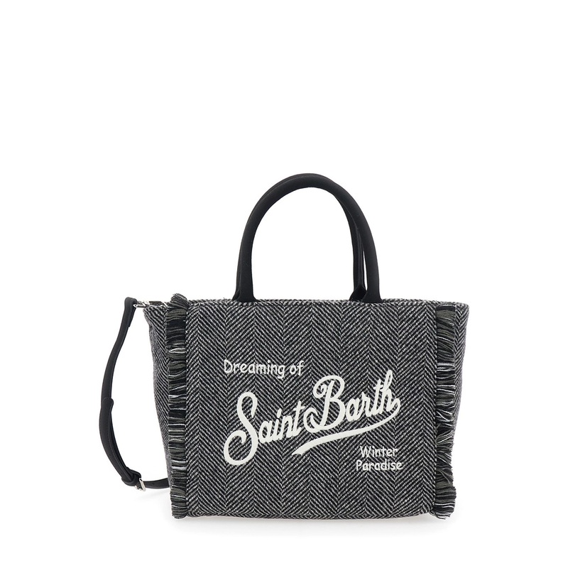 ‘Colette’ Grey Handbag with Fringed Details and Logo Lettering Embroidery on the Front in Wool Girl