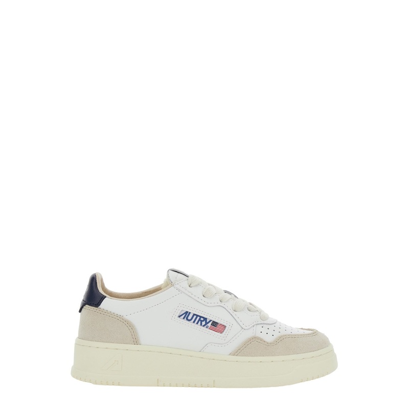 ‘Medalist’ White Low Top Sneakers with Logo Patch on the Side and Perforated Panels in Leather Boy