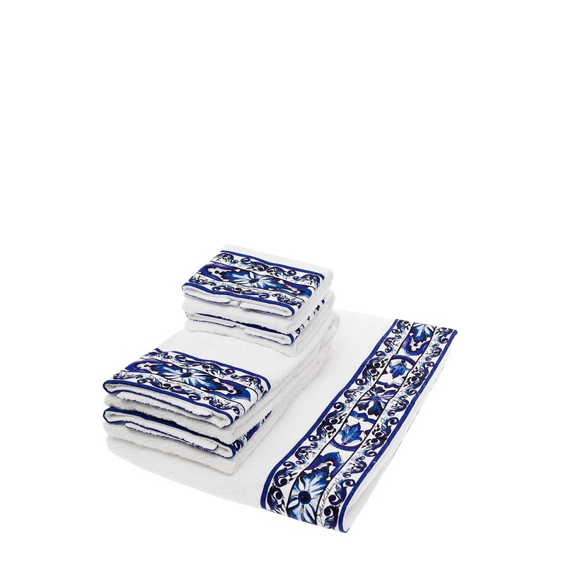 Set of 5 White and Blue Towels with Mediterraneo Print in Cotton Dolce & Gabbana