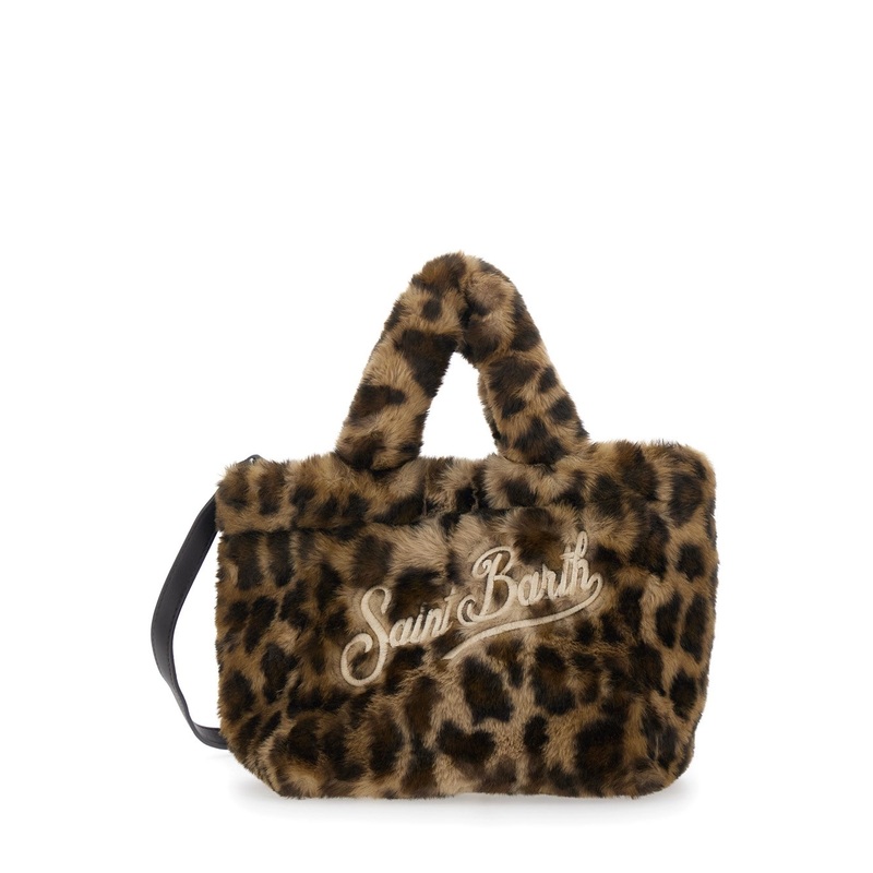 ‘Vanity Mini’ Brown Handbag with Logo Lettering on Front and Back and Leopard Print in Eco Fur Girl