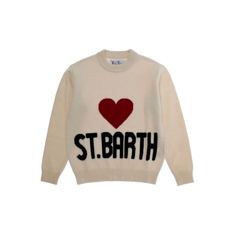 White Crewneck Sweater with Heart Embroidery on the Front and Logo Lettering on the Front in Wool Girl
