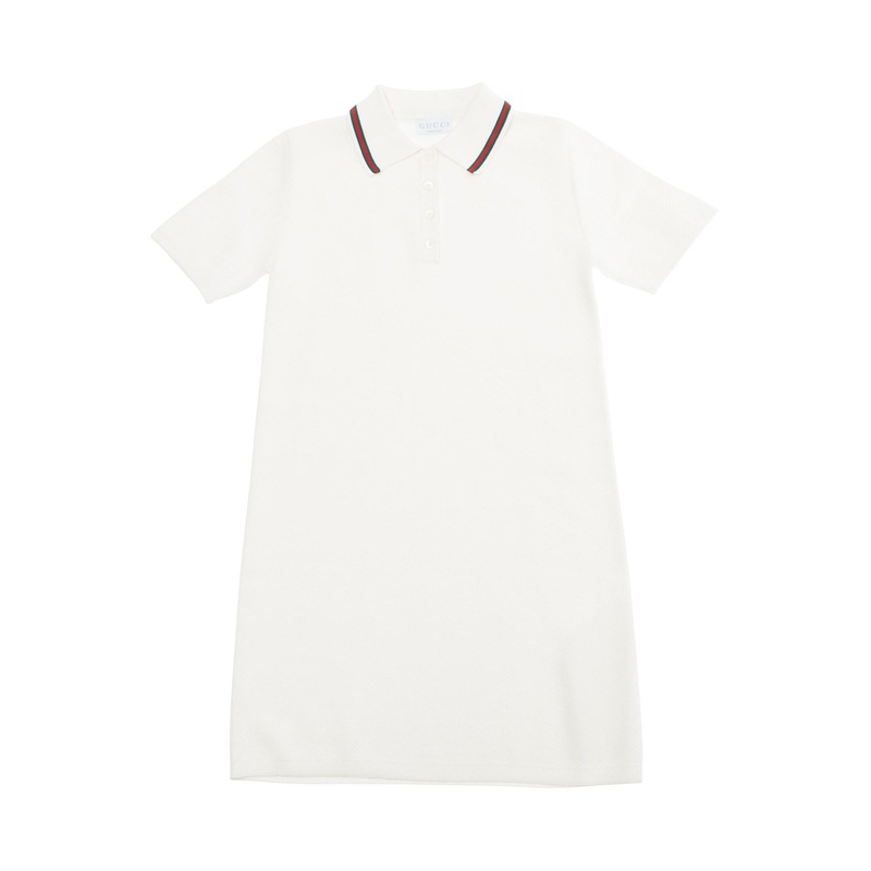 White Dress with Polo Shirt Style Collar with Web Detail and Embroidery in Cotton Girl