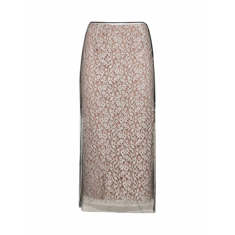 White floral lace layered midi skirt