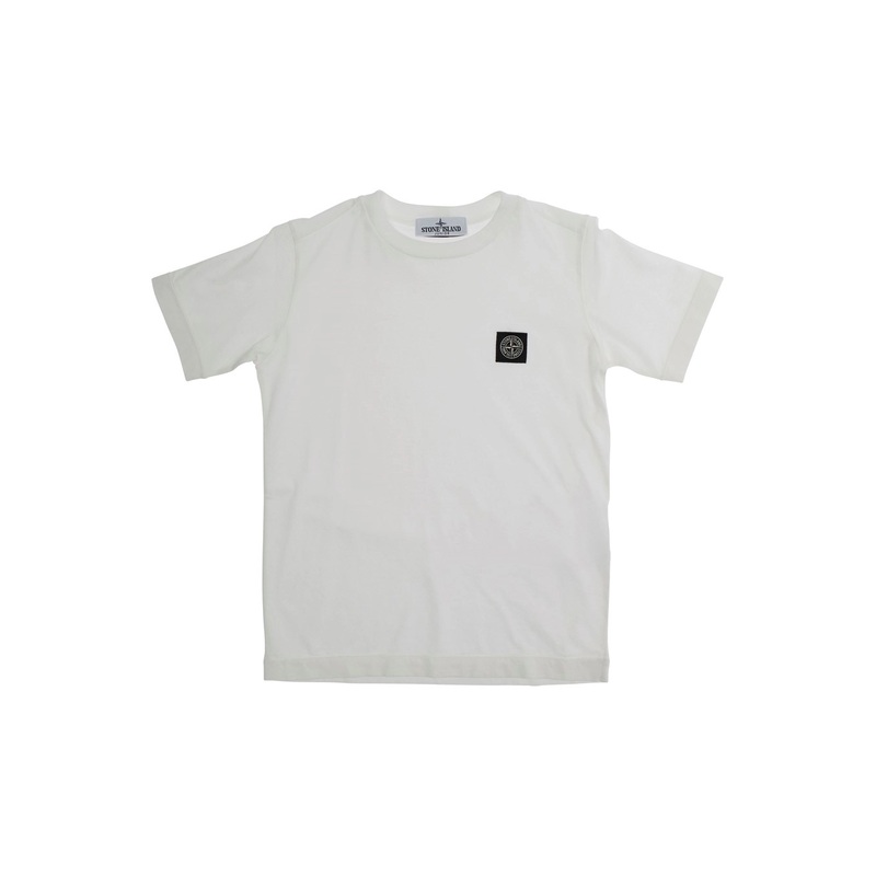 White T-Shirt with Round Neck and Logo Patch on the Front in Cotton Boy
