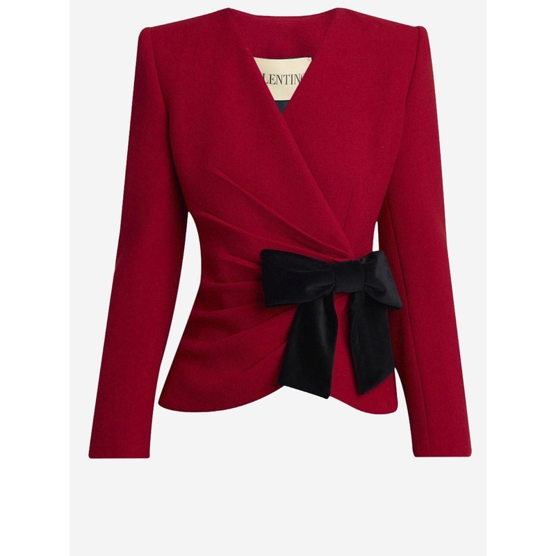Wool V-Neck Blazer with Bow|Red|42