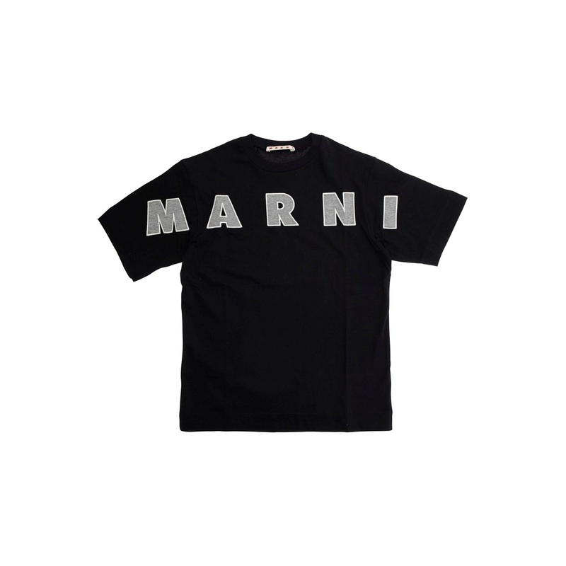 Black T-Shirt with Front Logo Lettering in Cotton Boy